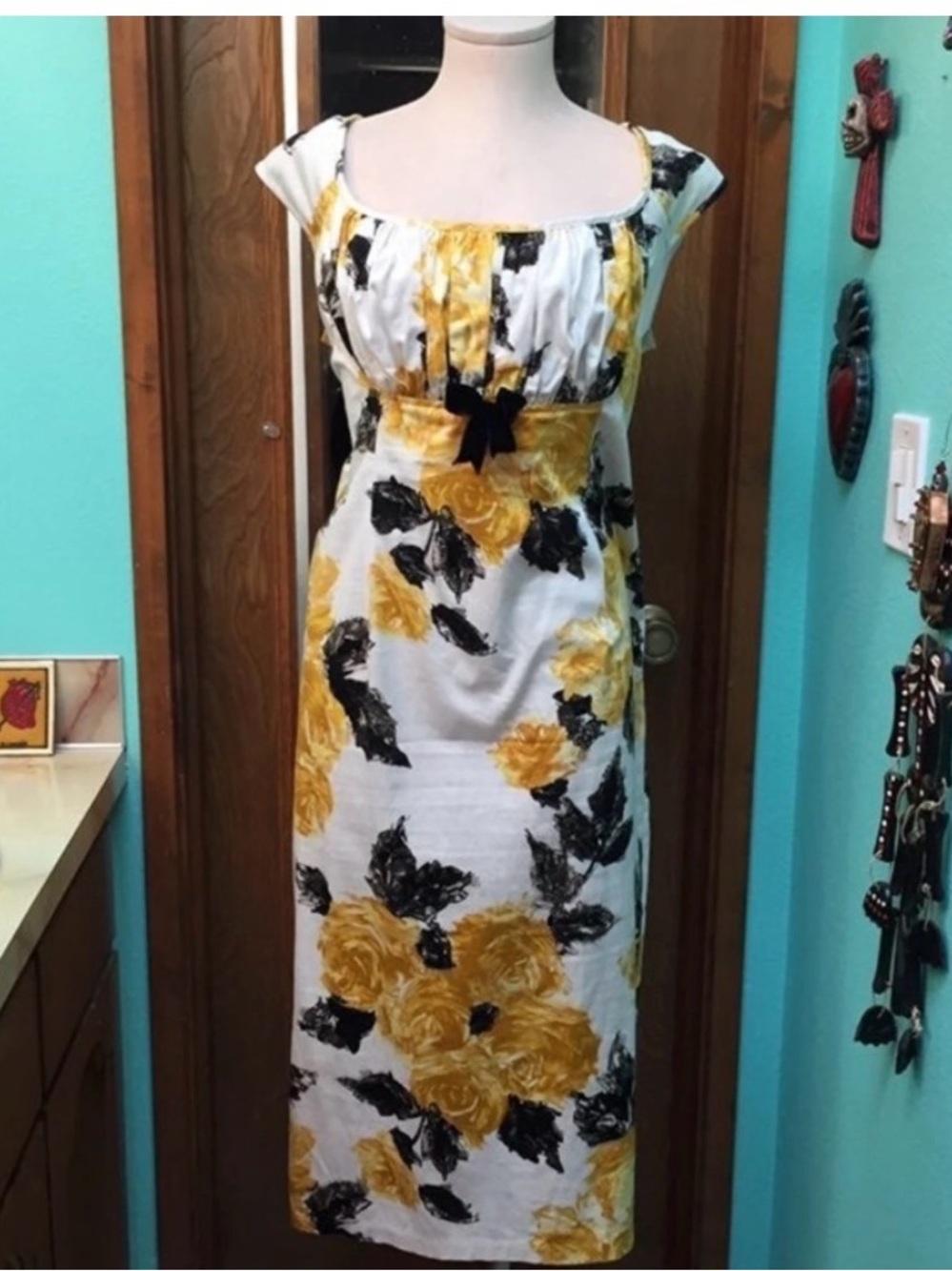 Pinup Couture Yellow and Black Floral Erica Dress. EUC